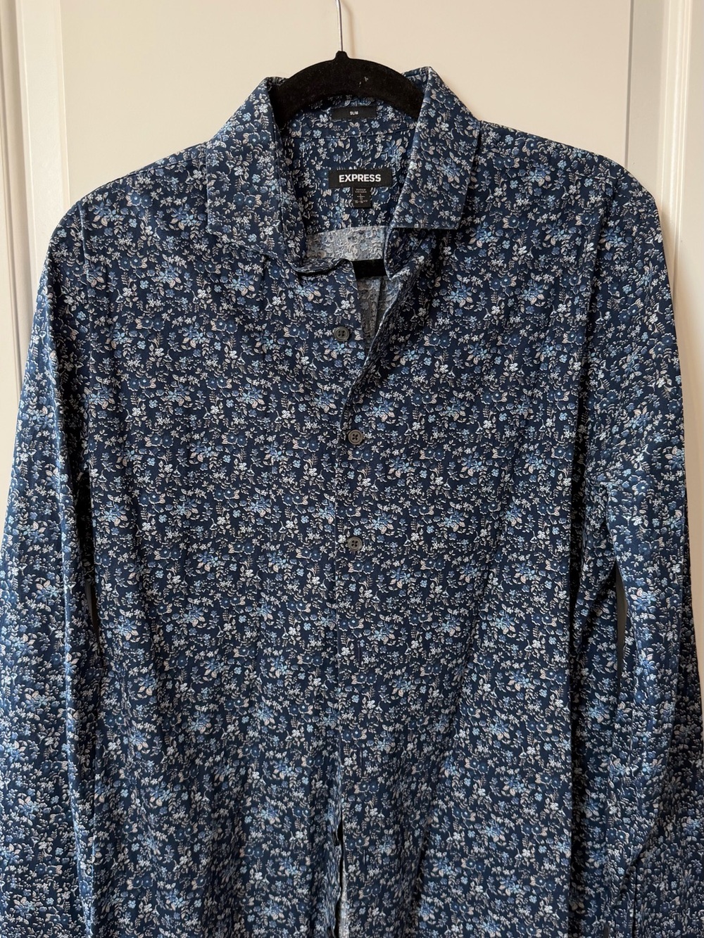 Express Men's Dark Blue Micro Floral Button-Up Shirt